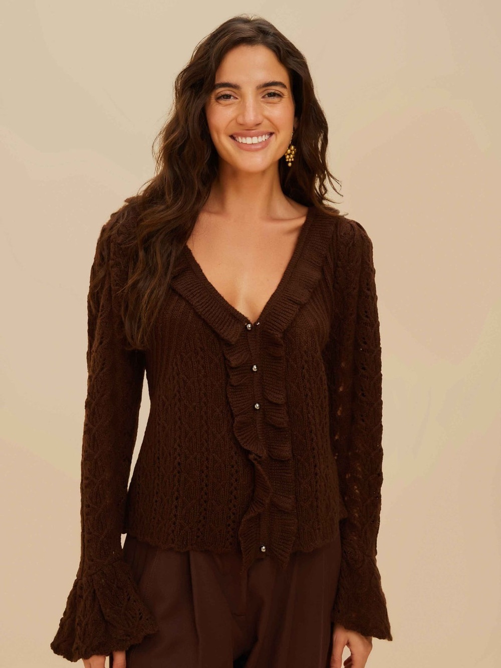 Farm Rio: NWT: Lace Stitch Knit Ruffles Cardigan - Brown DT